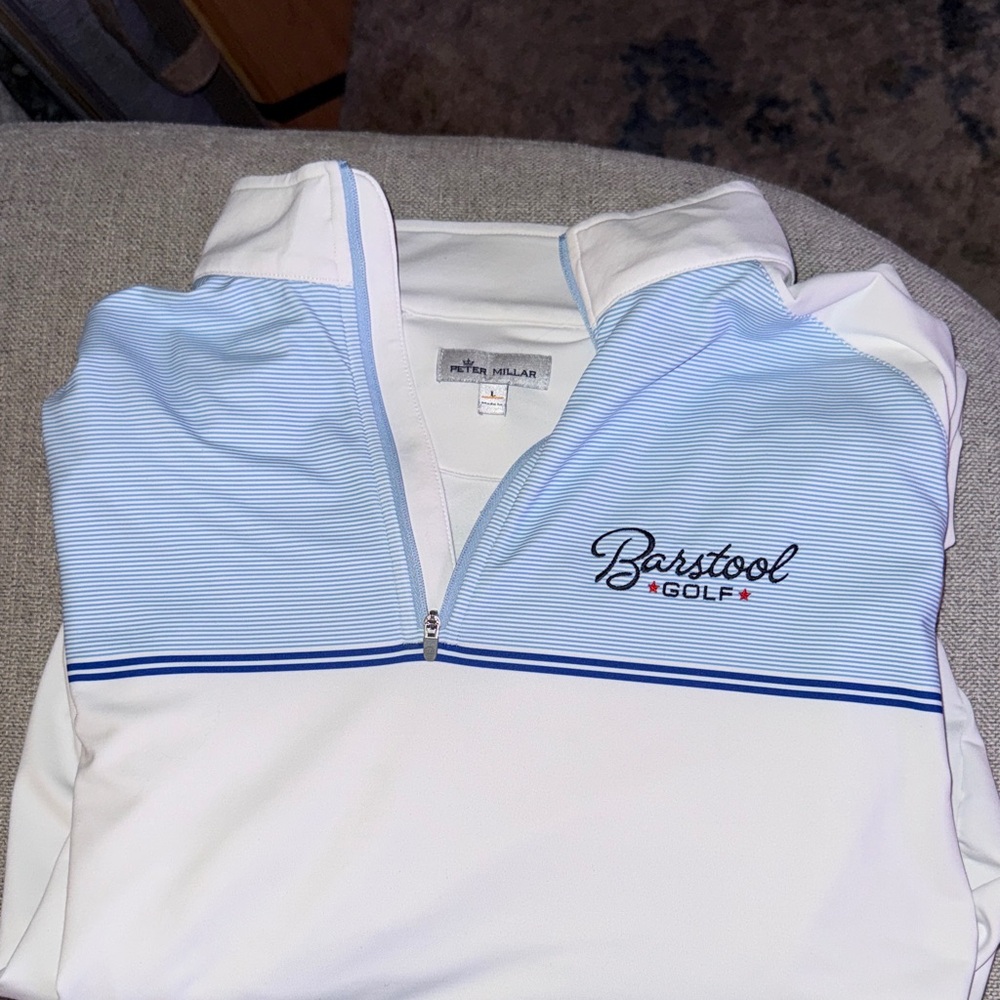 Peter Millar White and Blue Striped Quarter-Zip Pullover